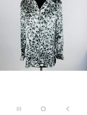 Jones New York Animal Print Silk-Feel Button-Up Blouse - Gray/White Polyester M